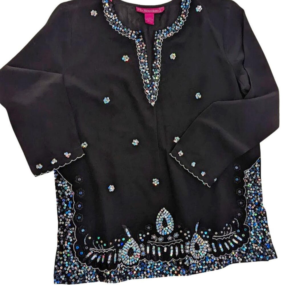 NWOT VTG Black Sheer Sequins Blouse Lace Fairy Whimsygoth Boho Y2K Peasant Top L